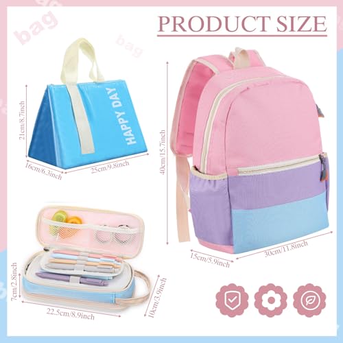 Aesthetic Backpack Set School Backpack Kindergarten Backpack with Pencil Case and Food Bag Kids School Supplies (Pink, Purple, Blue, Yellow, Light Blue)3