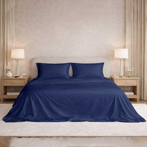 Image of Filbert Satin Bedsheet with 1 Pillow Cover | 60x90 in |300 TC | Midnight Luxe Satin Dreams Collection | UltraSatin Premium Bedding Set | Navy Blue