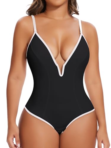 Image of SHAPERIN Bodysuit for Women Shapewear Tummy Control Deep V Neck Plunge Sleeveless Backless Thong Body Suit Tank Top