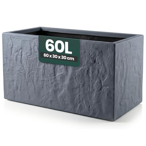 Kreher® Pflanzkübel Anthrazit/Hellgrau - Blumentopf Kunststoff Steinoptik - frostfest & UV-beständig - 30x30x30, 40x40x40, 60x30x30 cm - 1er/2er Set Balkon Garten (1, Anthrazit, 60 x 30 x 30 cm)
