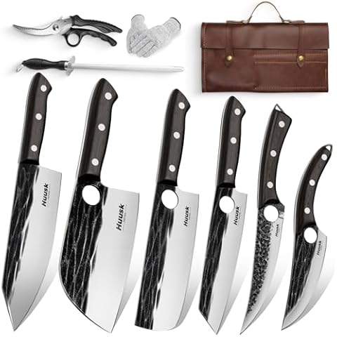 Huusk Knives Set, Serbian Chef Knife Set with Bag, Japanese Kitchen Knife Set, Hand Forged High Carbon Steel Knife Set, Full Tang Knife Set with Ebony Handle, Butcher Knife Set for Dad, Ideal Gif Cover