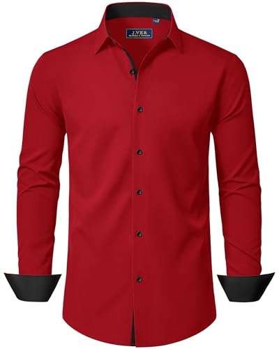 J.VER Hemd Herren Rot Langarm Businesshemden Shirt Herren Freizeithemden Faltenfrei Outdoor Männer Dating Party Hemden,L