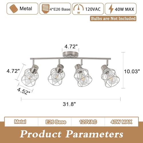 Image of BUXVRCS Adjustable Multi-Directional Brushed Nickel Light Fixtures, Semi Flush Mount Ceiling Light, Kitchen Light Fixtures Ceiling Mount, Geometric Metal Cage Industrial Spotlight Fixtures
