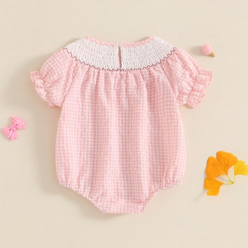 Baby Girl Smocked Western Romper Short Sleeve Bubble Rompers Summer Clothes Plaid Print Embroidery Bow Bodysuit Tops4