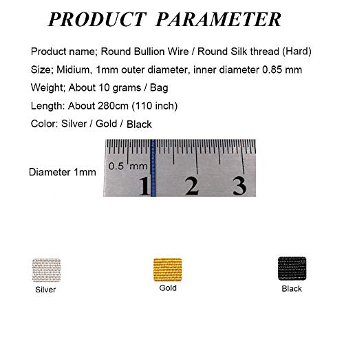 Pawkyjar 1mm French Bullion Wire, French Coil, Gold Work Embroidery Silk Thread, Sewing DIY Accessories Jewelry Making Embroidery Metalic Purl Wire, 110inch (Gold)