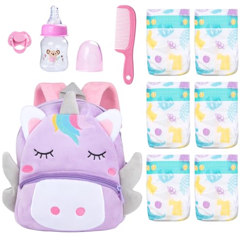 Pedolltree 10 Pcs Reborn Baby Doll Diaper Bag Care and Feeding Set for 17-24 inches Reborn Dolls Newborn Baby Accessories with Unicorn Backpack Diapers Pacifier Bottle Comb