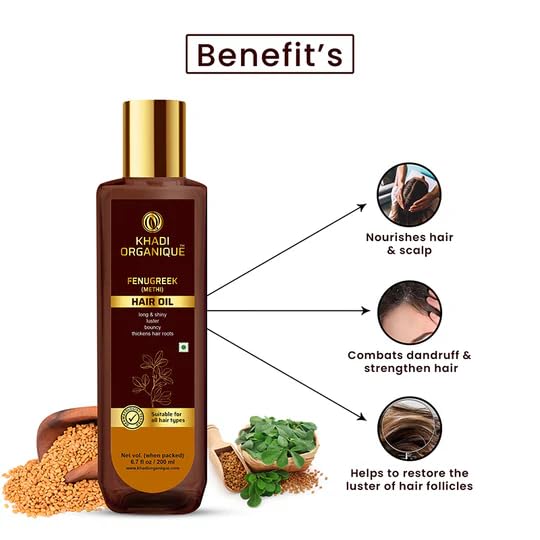 Image of KHADI ORGANIQUE Fenugreek Hair Oil | For Hair Growth & Thickness | Reduces HairFall, Dandruff, Baldness & Itchiness | Nourishes Roots, Adds Shine & Helps to Prevents Premature Greying - 200 ml