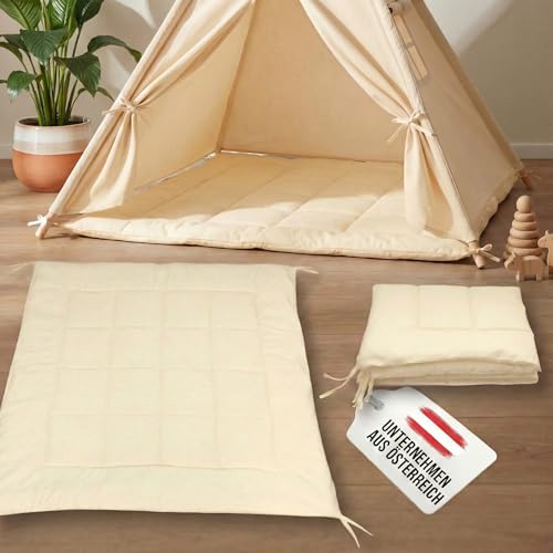 LIONHERZ® Tipi-Matte mit Bänder 120x120cm | gepolsterte Bodendecke für Spielzelt/Spielhaus | weiche quadratische Spieldecke für Kinder| abgesteppte Einlage/Unterlage zum Binden (Sunny Cream)