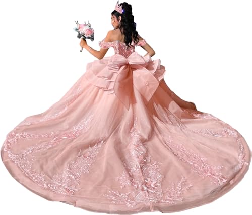 Appliques Quinceanera Dresses with Bow Glitter Beaded Ball Gown with Train Off Shoulder XV Dress SE046