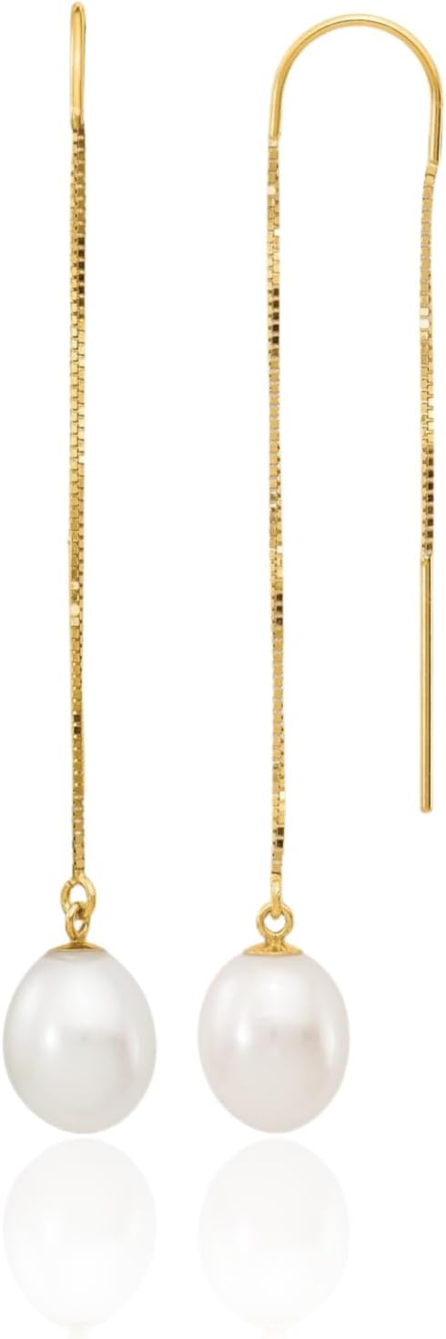 IceCarats 14K Solid Yellow Gold 7mm Freshwater Pearl Threader Earrings Prong Set, Polished For Her