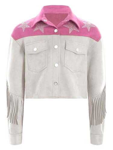 Aislor Kids Girls Rhinestone Star Denim Jacket Coat Faux Suede Tassel Long Sleeve Lapel Collar Button Down Coat Outwear3