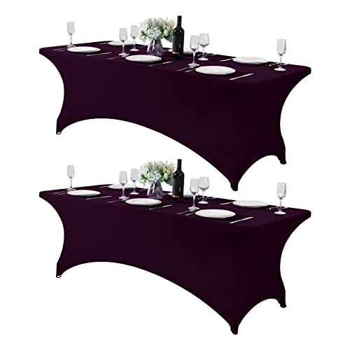 Hezuzo 2Pack Spandex Table Cover for 8FT or 4ft or 6ft Table Universal Fitted Stretch Tablecloth for Party, Banquet, Wedding and Events-Eggplant