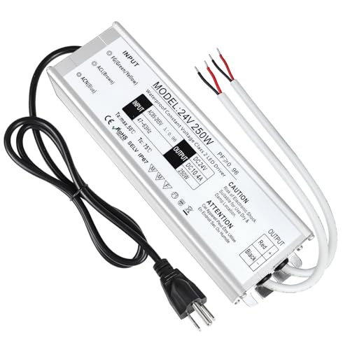 LightingWill LED Driver 250 Watts Waterproof IP67 Power Supply Transformer, 85-265V AC to 24V DC Low Voltage Output, Adapter with 3-Prong Plug 3.3 Feet Cable for Outdoor Use, Computer Project