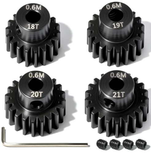 4Pcs 0.6M Hardened Steel Pinion Gear Set 3.175mm 18T 19T 20T 21T Motor Pinion Gear with M4 Screw and Hex Key, Fit 3.175mm (1/8-Inch) Shaft, for Arrma HPI Kyosho Losi Axial Traxxas Tamiya 1/10 RC Car