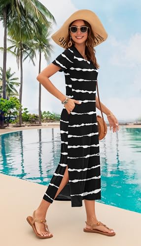 Image of MISFAY Womens Maxi Dress Short Sleeve V Neck Loose with Pockets | Soft stretchy breathable, v neck loose fit, side split hem, two side pockets, casual daily beach vacation travel dress