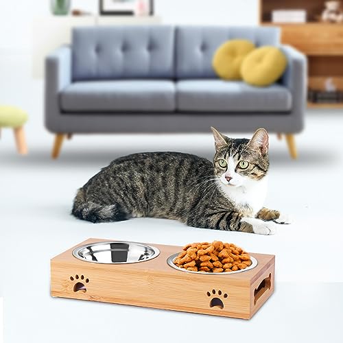 Hundenapf Erhöht Bambus, OXYEFEI Personalisierter Katzennapf mit Namen Text Design und rutschfest Bambussockel Für Kleine und Mittelgroße Katzen/Hunde