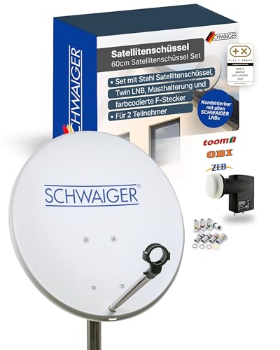 SCHWAIGER Satellitenschüssel Komplettset - Ø 60 cm Stahl Offset Antenne in Hellgrau - Inkl....