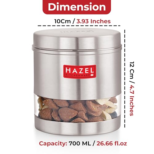Image of HAZEL Transparent Kitchen Containers Set of 6 | 700ml Airtight Stainless Steel Transparent Storage Jars | Multipurpose Glossy Steel Organizer