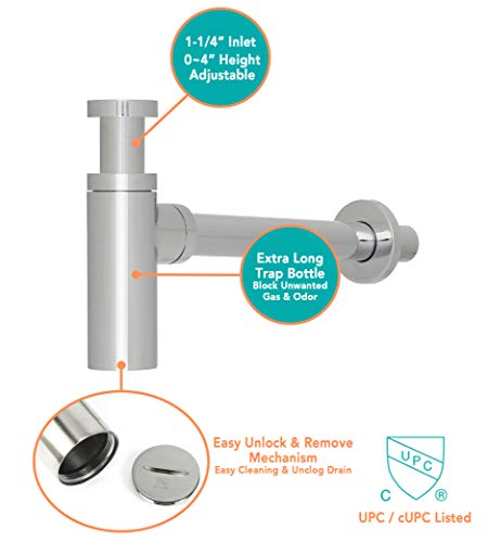 Solid Brass Round Bottle Modern P Trap In Brushed Nickel Finish | Basin Sink Waste Trap Adjustable Drain Tube Kit | UPC/cUPC | Extra Long Bottle | 1-1/4 Inch Inlet | Detachable & Easy Clean