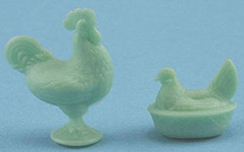 Chrysnbon Dollhouse Miniature Rooster and Nesting Hen in Jadite #CB152J