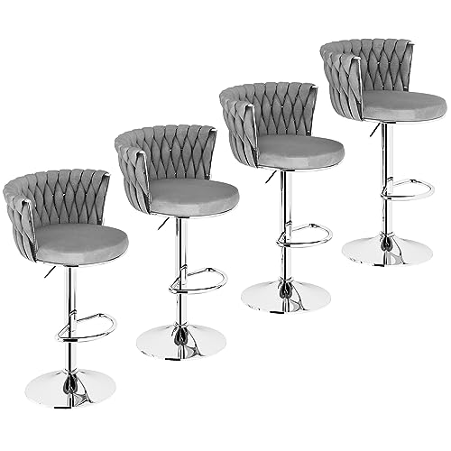 Image of Lamerge Velvet Bar Stools Set of 4,Modern Swivel Bar Chairs Counter Height Barstool,Adjustable Barstools with High Backrest,Upholstered Kitchen Island Chairs,Grey