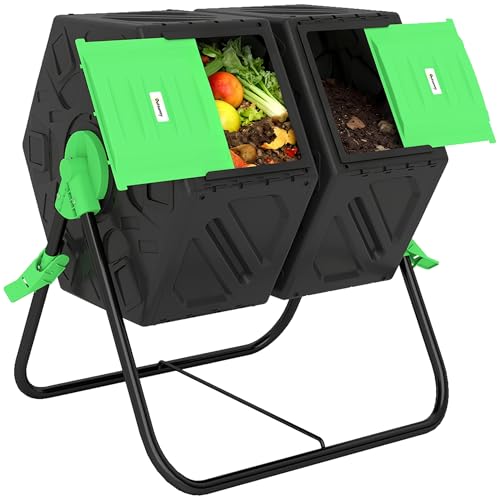 Outsunny Compostador Giratorio de 130L Contenedor de Compostaje de Jardín de Doble Cámara Compostadora con Aberturas de Ventilación y Patas de Acero 67x60x77 cm Negro