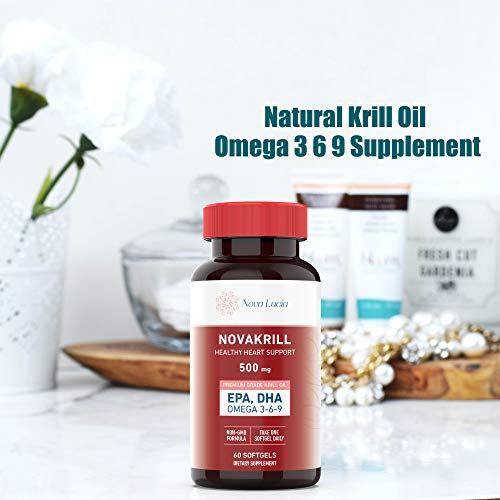 Natural Krill Oil Omega 3 6 9 Supplement, Burpless 60 Red Liquid Softgels, Rich in EPA, DHA, Astaxanthin, No Fishy Aftertaste, 1000mg per 2 Softgels