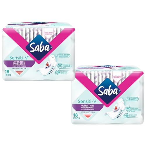 Image of SABA Sensiti-V Ultrathin Overnight Pads with Wings, Heavy Flow Protection, 2-Pack of 18 Pads (36 Count)