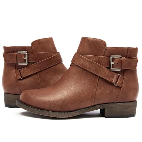 Ataiwee Women's Ankle Boots - Classic Side Zip, Cover with Buckle Strap, Round Toe, Comfortable Platform, Low Chunky Heel Comfort Slip On Fashion (Black/Dark Brown/Grey) Boots.2