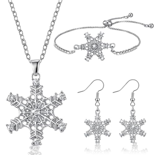 Bucherry 3 Pcs Snowflake Jewelry Set Crystal Snowflake Pendant Chain Toggle Necklace with Bracelet Earrings Stainless Steel Link Chain for Women Gift