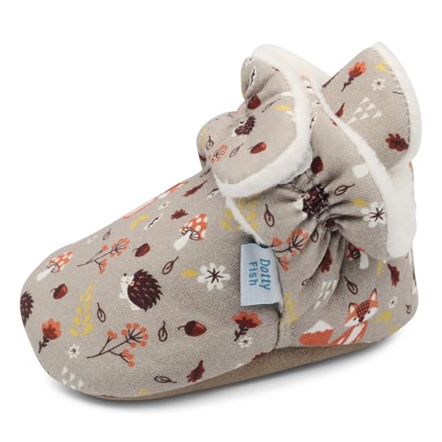 Dotty Fish Cotton Infant Booties. Barefoot Feel, Boys & Girls Baby Winter Slippers. Warm & Cosy Fleece Lining, Adjustable Fastening, Non-Slip, Soft Suede Sole, Unisex - 6 Designs 0-24 Months