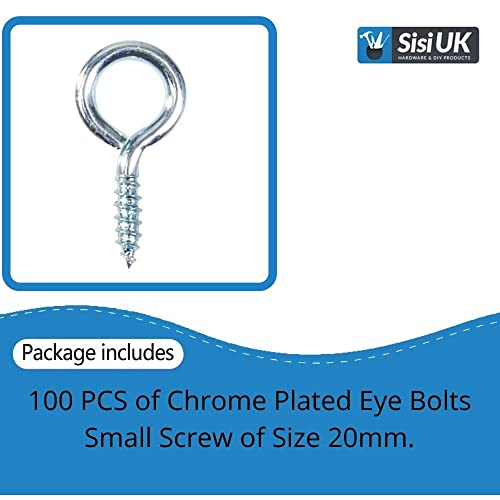 SISI UK Chrome Plated Eye Bolts Screw-in Hooks Heavy Duty Picture Frame Eye Screw Hooks Small Screw in Hooks Chrome Celling Hooks 20mm Picture Wire Hanging Pack of 100 - Image 2