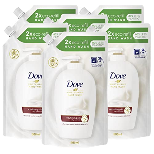 6 recambios ecológicos Dove de seda de alta calidad, hidratante, jabón de manos, piel suave y suave – 6 recambios de 500 ml