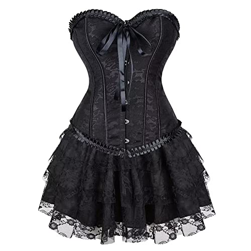 Jutrisujo Corset Dress Korsett Kleider Rock Damen Corsage Bustier Korsettkleid Gothic Burlesque Vintage Schwarz M