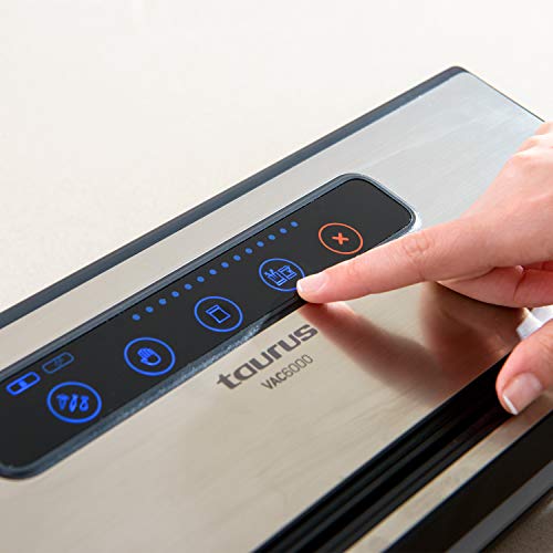 Taurus Vac600 - Envasadora y selladora al vacío de alimentos con cortador, alimentos secos y húmedos, función stop, tamaño y sellado 30 cm, indicador LED, bandeja de goteo, acero inoxidable y negro - imagen 12