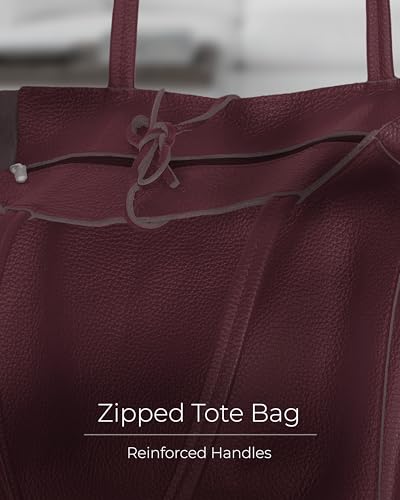 Image of Genuine Italian Leather Tote Bag for Women, Large Slouchy Purse, Burgundy | Unstructured bag, raw unlined interior with zip pocket, top zipper, side ties, folds flat, fits a 16-inch laptop, lightweight
