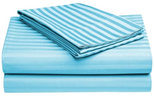 Image of Cotton Solid /Stripe King Bedsheet with 2 King Size Pillow Covers | Double Bed with 210 TC | Size - King Size 90x100 inches - Sky Blue Colour