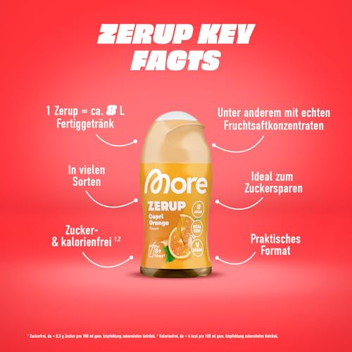 MORE Zerup, Cherry, 65 ml, für bis zu 8 l Fertiggetränk, zuckerfreier Sirup mit u.a. echten Fruchtextrakten, vegan, zero Kalorien - made in Germany