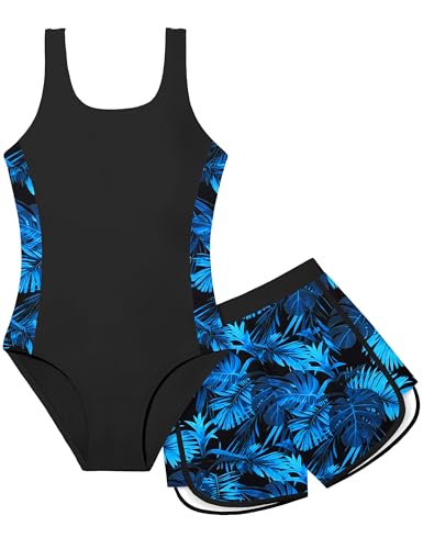 Image of Girls Swimsuit One Piece Swimsuits Color Block Bathing Suit for Girls Adjustable Strap Padded Swimwear with Shorts