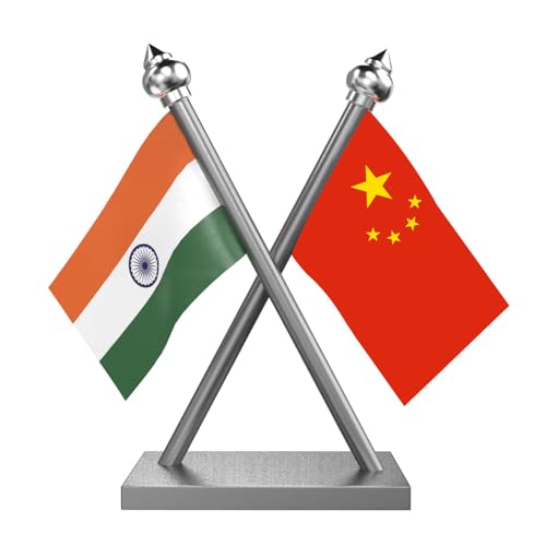 Image of The Flag Company India & China Car Dashboard Flag 2x3 Inch Premium Flags with Stainless Steel Pole & Base | Compact Dual Display for Car Interiors & Desks