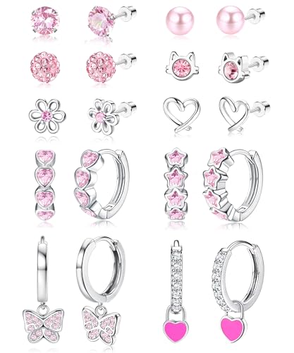 Jstyle Hypoallergenic Earrings for Girls Women Surgical Stainlee Steel Earrings for Sensitive Ears Screw Back Earrings Set Cute Hoop Earrings for Girls Kids Earrings Toddler Earrings Jewelry for Teen Girls