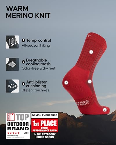 Image of DANISH ENDURANCE Premium Hiking Socks, Merino Wool, Thermal Socks, Men & Women 2 Pack