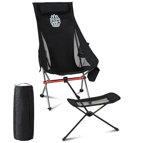 MHM Portable Camping Chair with Footrest, High Back Reclining Lightweight Folding Chair with Cup Holder, Storage Pocket & Carry Bag for Camping, Beach, Backpacking, Outdoor