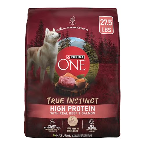 Purina ONE Natural High Protein Dry Dog Food Dry True Instinct with Real Beef and Salmon With Bone Broth and Added Vitamins, Minerals and Nutrients – 27.5 lb. Bag