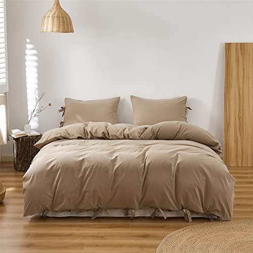 Beddingwish Brown Cotton Bow Tie Duvet Cover Set Khaki Solid Color Comforter Cover Bowknot 3Pcs Queen Bedding Set Queen For Kids(1 Bow Tie Duvet Cover 90X90 Inches + 2 Pillowcases) #TOP25