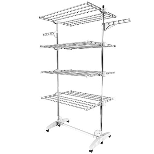 Leogreen - Etendoir à Linge, Séchoir à Linge Pliable, etendoir Linge Interieur et Exterieur, Grande Capacite, 4 étagères, avec Ailes, Matériau: Tubes en Acier Inoxydable, Nombre de Barres: 32, Blanc