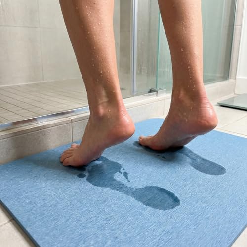 Image of Stone Bath Mat | Diatomaceous Earth Non-Slip Quick Drying Bathroom Floor Mat | Super Absorbent Bathtub & Shower Mat | Odor Free, Safe & Clean for Bathroom & Kitchen (Blue, 29.5 x 39.5 cm)