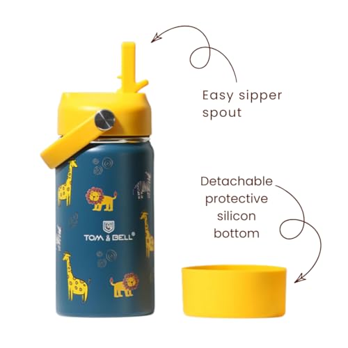 Image of TOM & BELL Insulated Water Bottle for Kids, Double Wall Stainless Steel Sipper Bottle with Silicon Bottom Sleeve, Hot and Cold, 350 ml (Giraffe350)