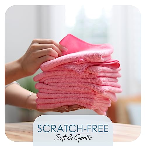 Hearth & Harbor Microfiber Cleaning Cloths, 12 Pack Pink Reusable Towels, Lint Free