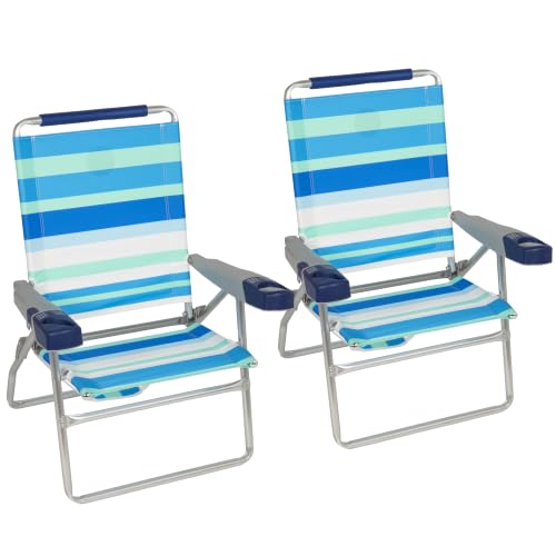 Image of Rio Brands 4-Position Extended-Height Beach Chair, Blue /Green /White, 2-Pack | 15 in Seat Height, Cushioned Headrest, Cup Holder, Cell Phone Slot, Bottle Opener, Carry Strap, Aluminum Frame, Foldable